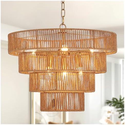 Hand-Woven Rattan Chandelier Vintage Farmhouse 6-Lights Boho 19.7" Bamboo Chandelier Light Fixture Retro 4-Tier Drum Wicker Rattan Golden Chandelier for Dining Room, Kitchen, Living Room, E12 Cover