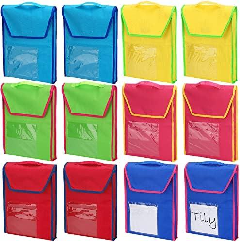 12 Sets Book Bags for Classroom Bulk Book Pouches Reading Book Bag with 15 Pcs Name Tags for Kids Students School, 15 x 11.8 Inch Cover