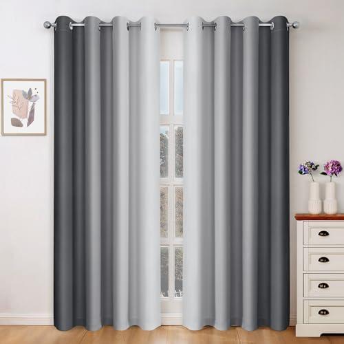 HOMEIDEAS Gray Grey Ombre Blackout Curtains, 52 X 84 Inch Length Gradient Color Room Darkening Curtains with Grommet Thermal Insulated Window Curtains & Drapes for Living Room, Bedroom, 2 Panels Cover