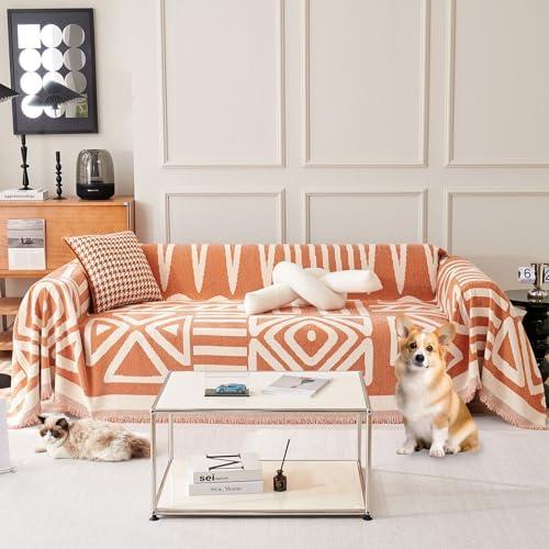 ROOMLIFE Orange Boho Couch Cover for 3 Cushion Couch L Shape Sofa Covers for Sectional Sofa Reversible Silpcover for Dogs Washable Chenille Furniture Protector for Living Room, 71"x150" Cover