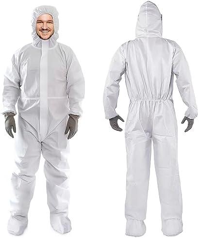 AMZ White Hazmat Suits, 4X-Large. Pack of 5 Lightweight Microporous Disposable Coveralls with Hood, Boots, Elastic Wrist, Lower Back, Zipper. Breathable Durable 60 GSM Painters Suit Disposable Cover