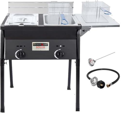 Two Tank Deep Fryer-2 Basket Stainless Steel Propane Cooker-Large Oil Capacity-Fry Fish/Chicken Outdoor-with Thermometer and Regulator Cover