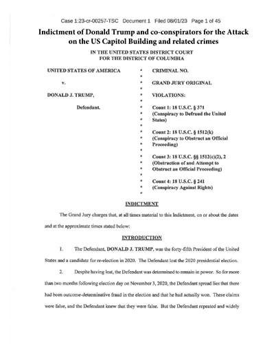 Indictment of Donald Trump and co-conspirators for the Attack on the US Capitol Building and related crimes: UNITED STATES OF AMERICA v. DONALD J. TRUMP, Cover