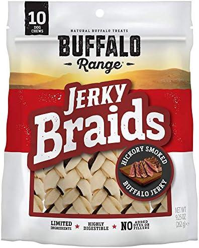 Rawhide Dog Treats | Healthy, Grass-Fed Buffalo Jerky Raw Hide Chews | Hickory Smoked Flavor | Jerky Braids, 10 Count Cover