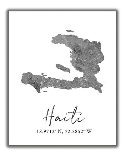 Haiti Map Wall Art Print - 8x10 Silhouette Decor Print with Coordinates. Makes a Great Haitian-Themed Gift. Shades of Gray, Black & White. Cover