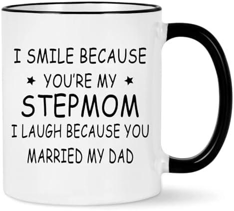 Gifts for Stepmom, I Smile Because You’re My Stepmom I Laugh Because You Married My Dad Mug, Funny Gifts for Stepmom, Birthday Mothers Day Gifts for Stepmom from Stepchild 11 Ounce Black Handle Cover