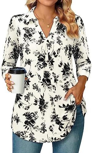 Bulotus Women's 3/4 Sleeve Tunic Shirts Business Casual Blouses V Neck Work Tops Cover