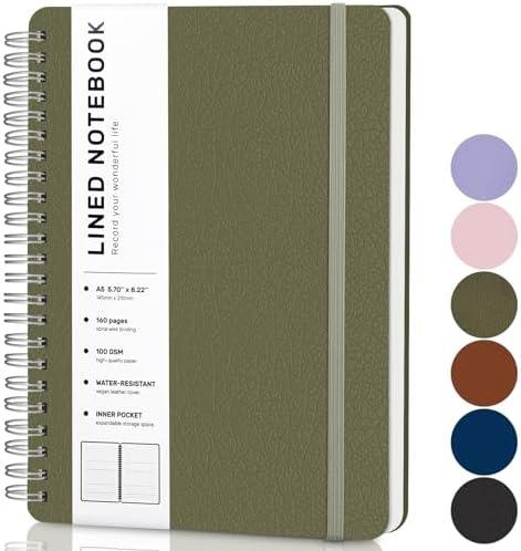 Lined Spiral Journal Notebook, A5 Hardcover Leather Notebook for Work, 5.7''×8.2'', 100GSM Thick Paper Spiral Bound Journaling Notebooks for Women & Men Office School Note Taking Business, Green Cover
