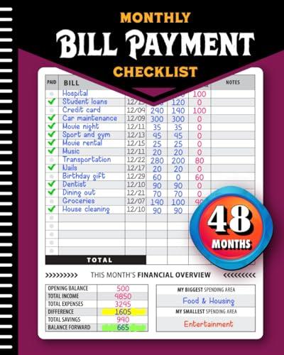 Monthly Bill Payment Checklist: Bill Tracker Notebook, The 4-Year Guide for Families & Money Managers, 960 Billing Records Included! Cover